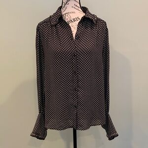 Max Studio Women’s Medium Black Patterned Long Sleeve Blouse Ruffled Collar